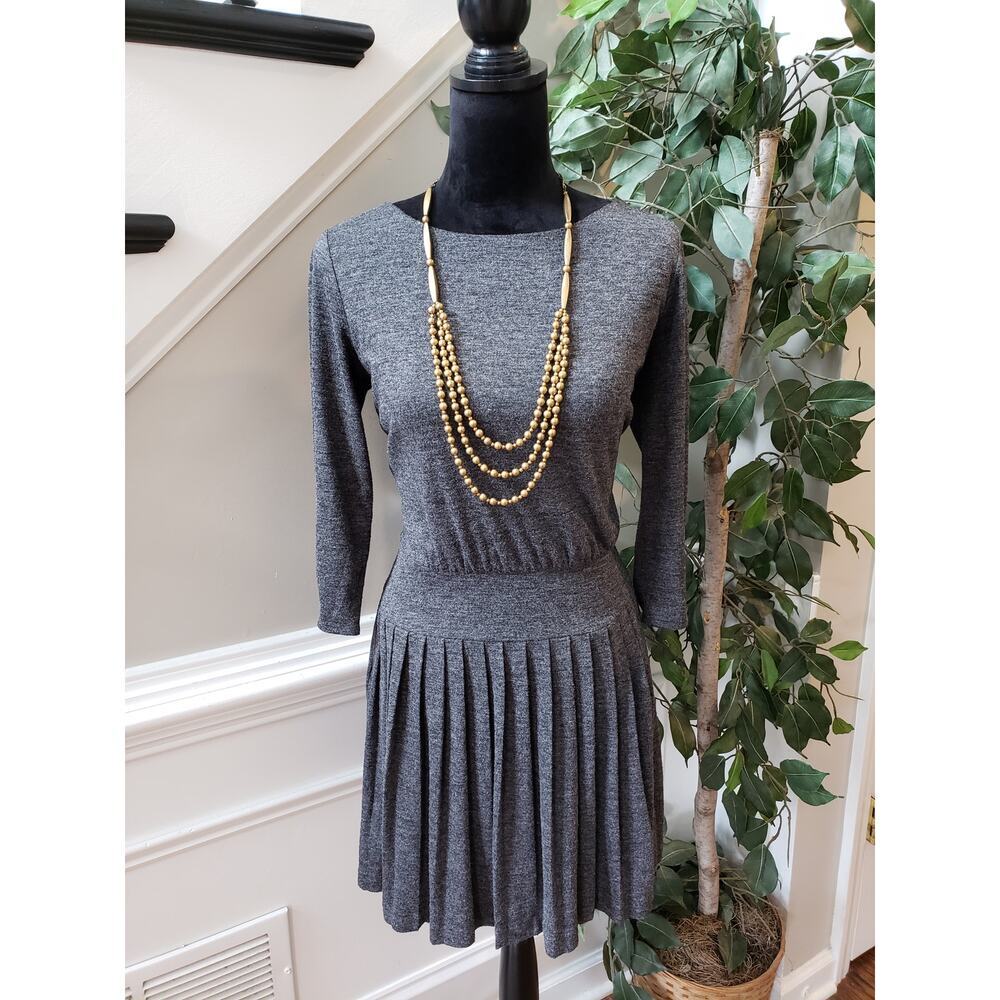 LOFT A Line Dress Women's 2 Gray Polyester Drop Waist Pleated Boat Neck Back Zip